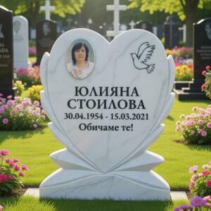 Надгробен паметник сърце с керамична снимка и гравиран гълъб