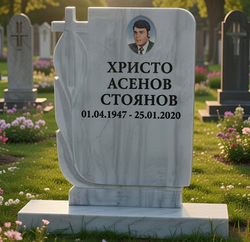 Мраморен паметник с кръст и керамична снимка – гравирани имена и години