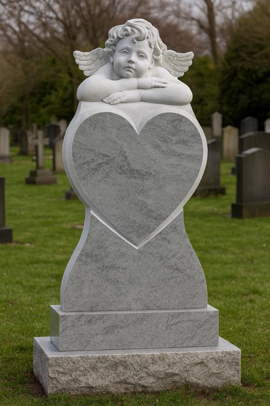 Надгробен паметник с ангел и сърце от сив мрамор – символ на вечна любов и закрила - Image 4