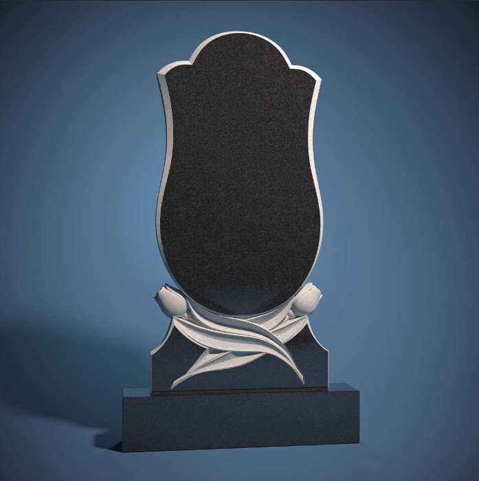 Единичен гранитен надгробен паметник с овален портрет и лале – 120 × 70 × 6 см, черен полиран гранит - Image 2