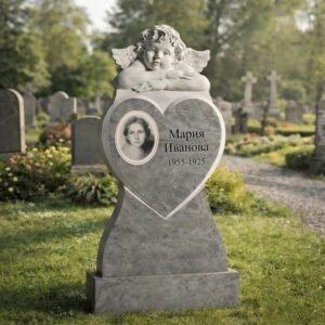 Надгробен паметник с ангел и сърце от сив мрамор – символ на вечна любов и закрила