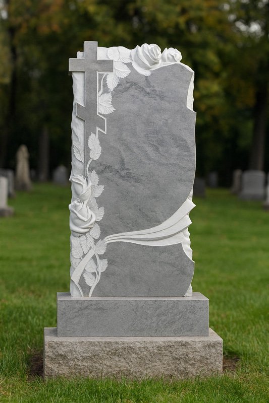 Паметник от сив мрамор 120×70 см с рози и православен кръст - Image 3