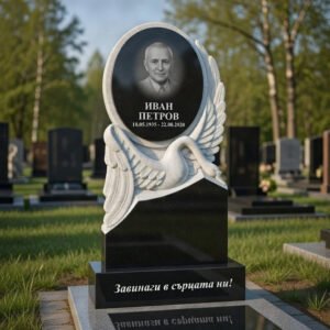 pametnik cheren granit s lebed i graviran portret