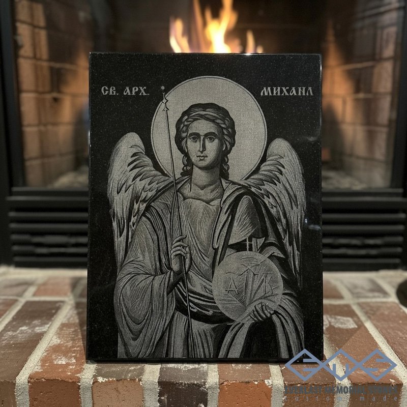 Икона на Свети Архангел Михаил върху черен гранит – вечен подарък