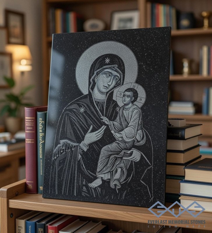 Икона на Богородица с Младенеца върху черен гранит