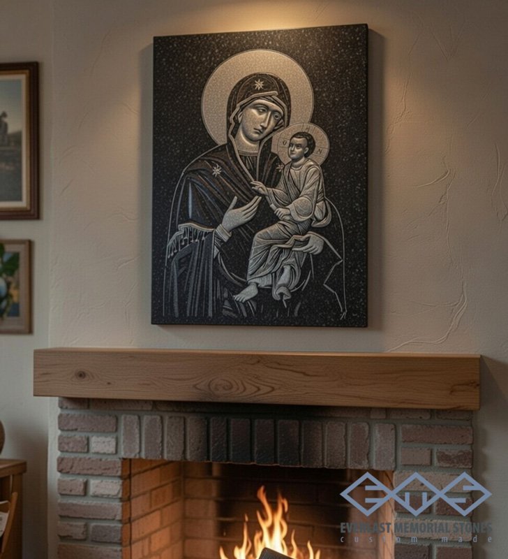 Икона на Богородица с Младенеца върху черен гранит - Image 3