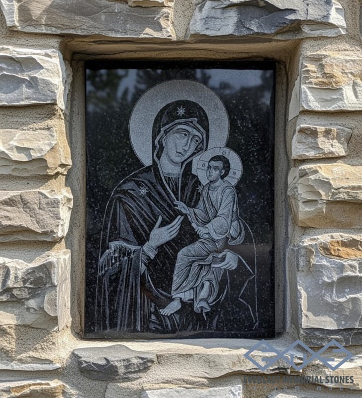 Икона на Богородица с Младенеца върху черен гранит - Image 2