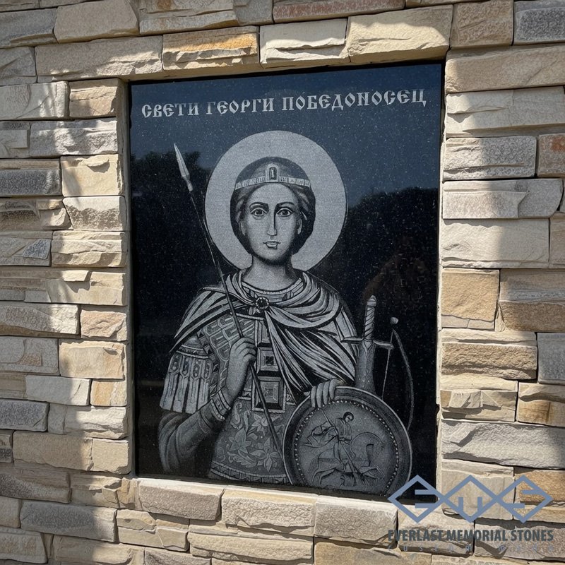 Икона на Свети Георги Победоносец върху черен гранит