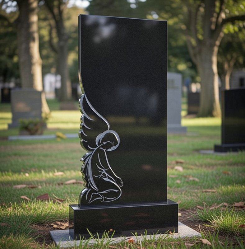 Луксозен гранитен паметник с гравиран портрет и ангел – Премиум черен надгробен монумент - Image 3